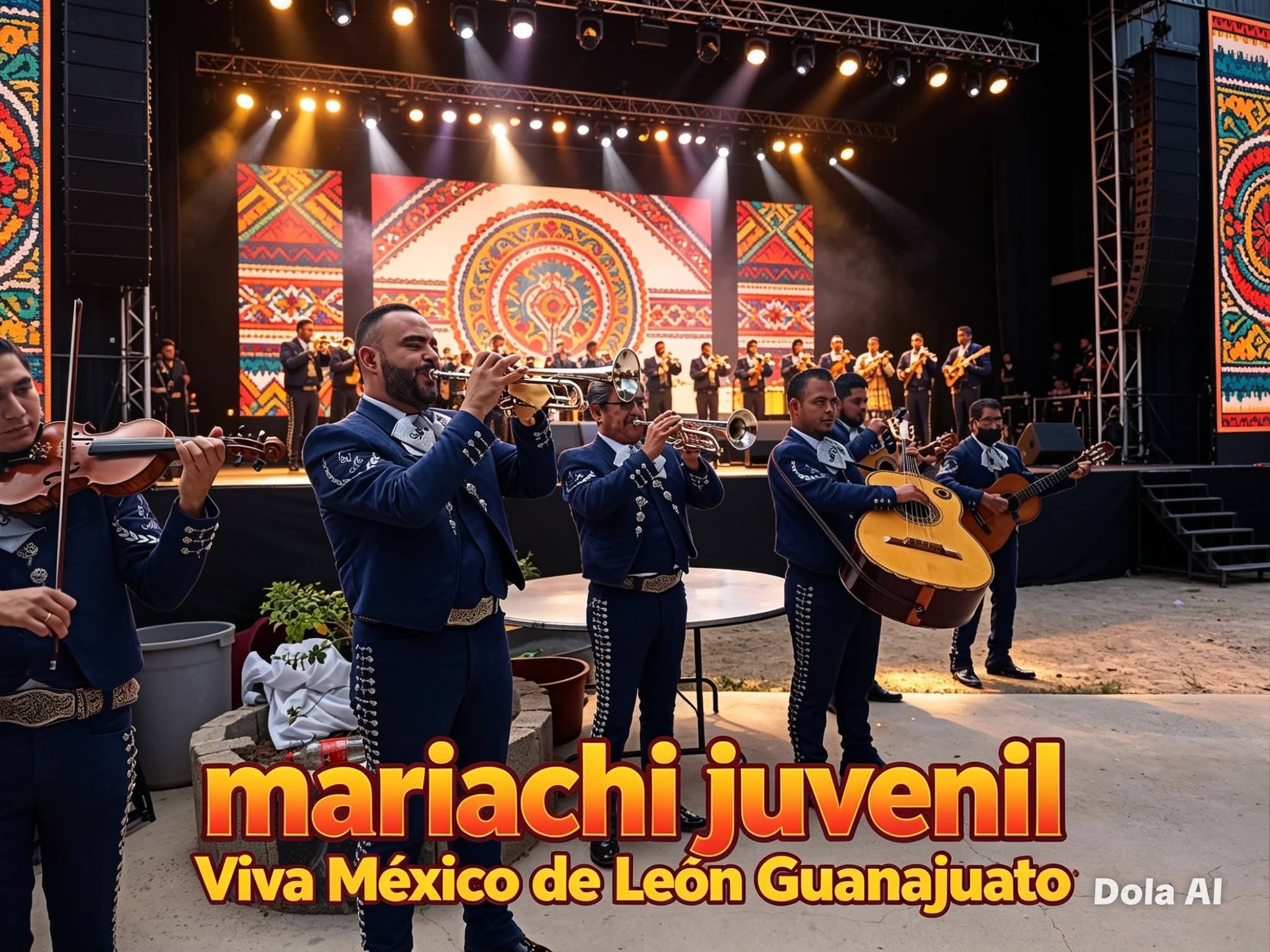 Mariachi tocando trompetas y violín frente a un gran escenario con luces y pantallas