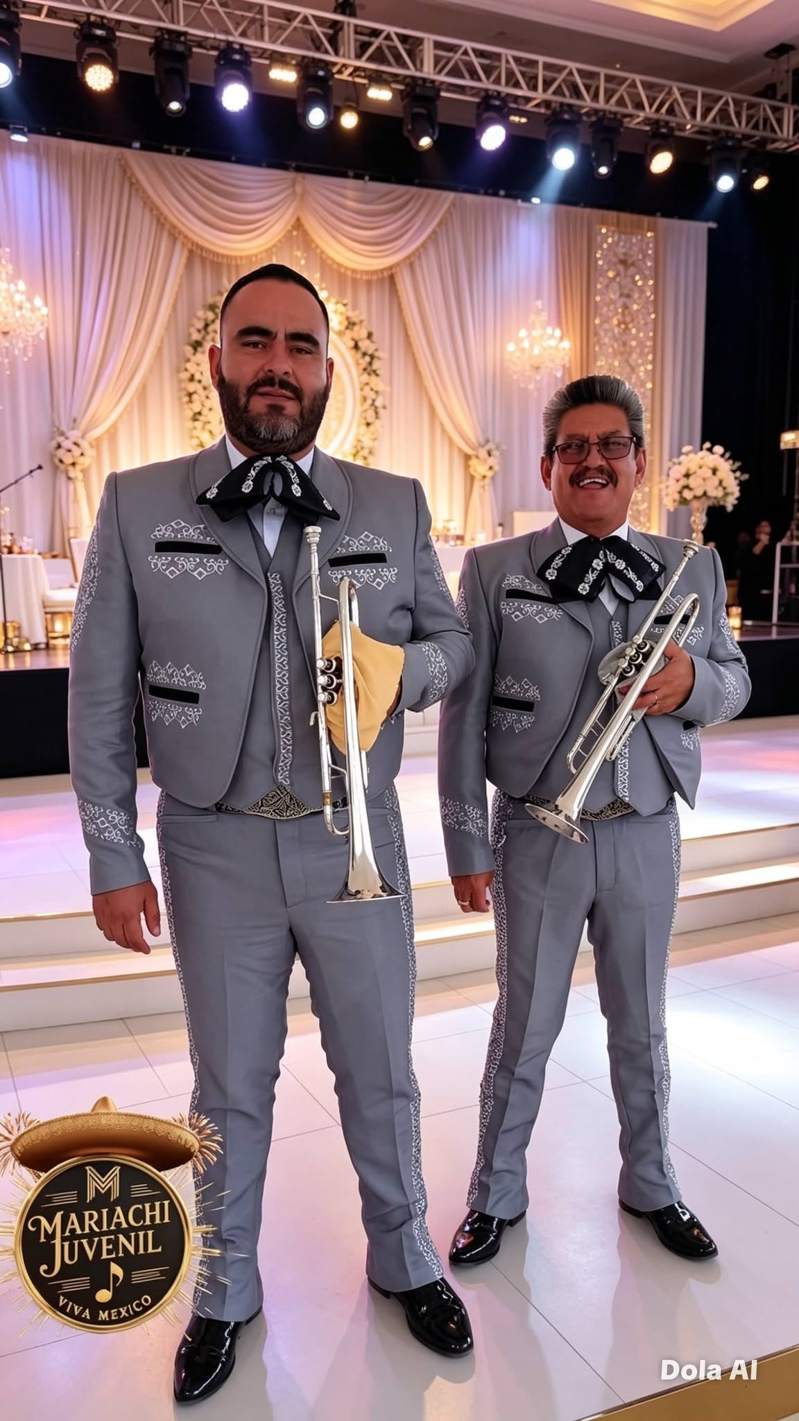 Dos trompetistas del mariachi con traje gris en un salón de bodas con cortinas blancas