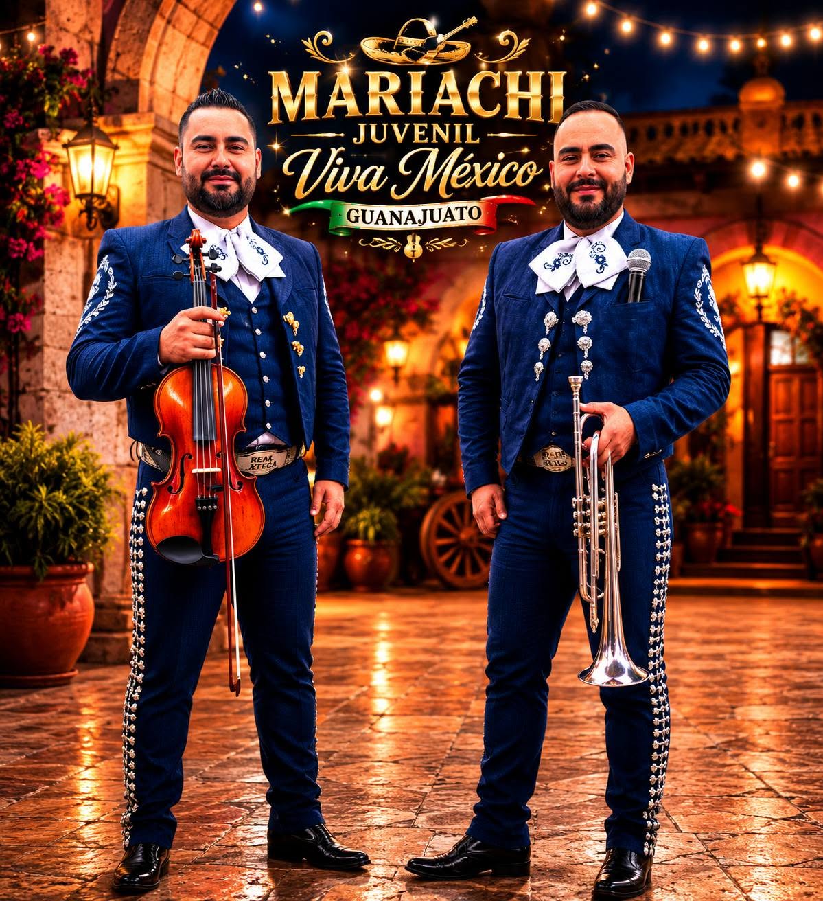 Violinista y trompetista del Mariachi Juvenil Viva México en un patio colonial iluminado
