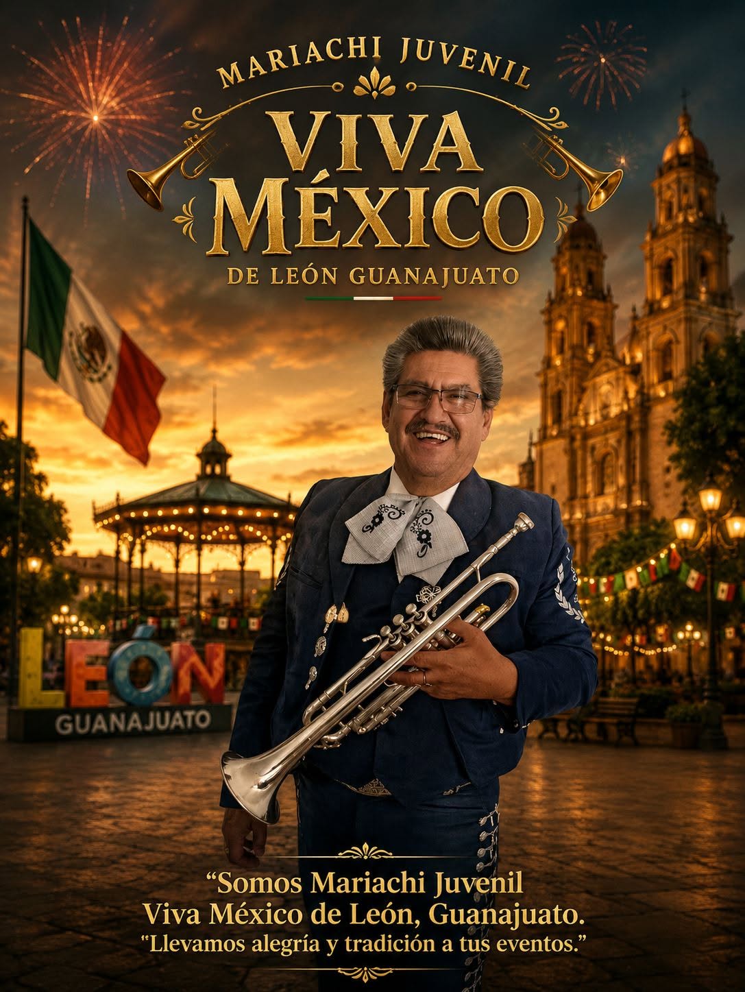 Cartel de Mariachi Juvenil Viva México de León, Guanajuato: trompetista sonriente en la plaza con fuegos artificiales