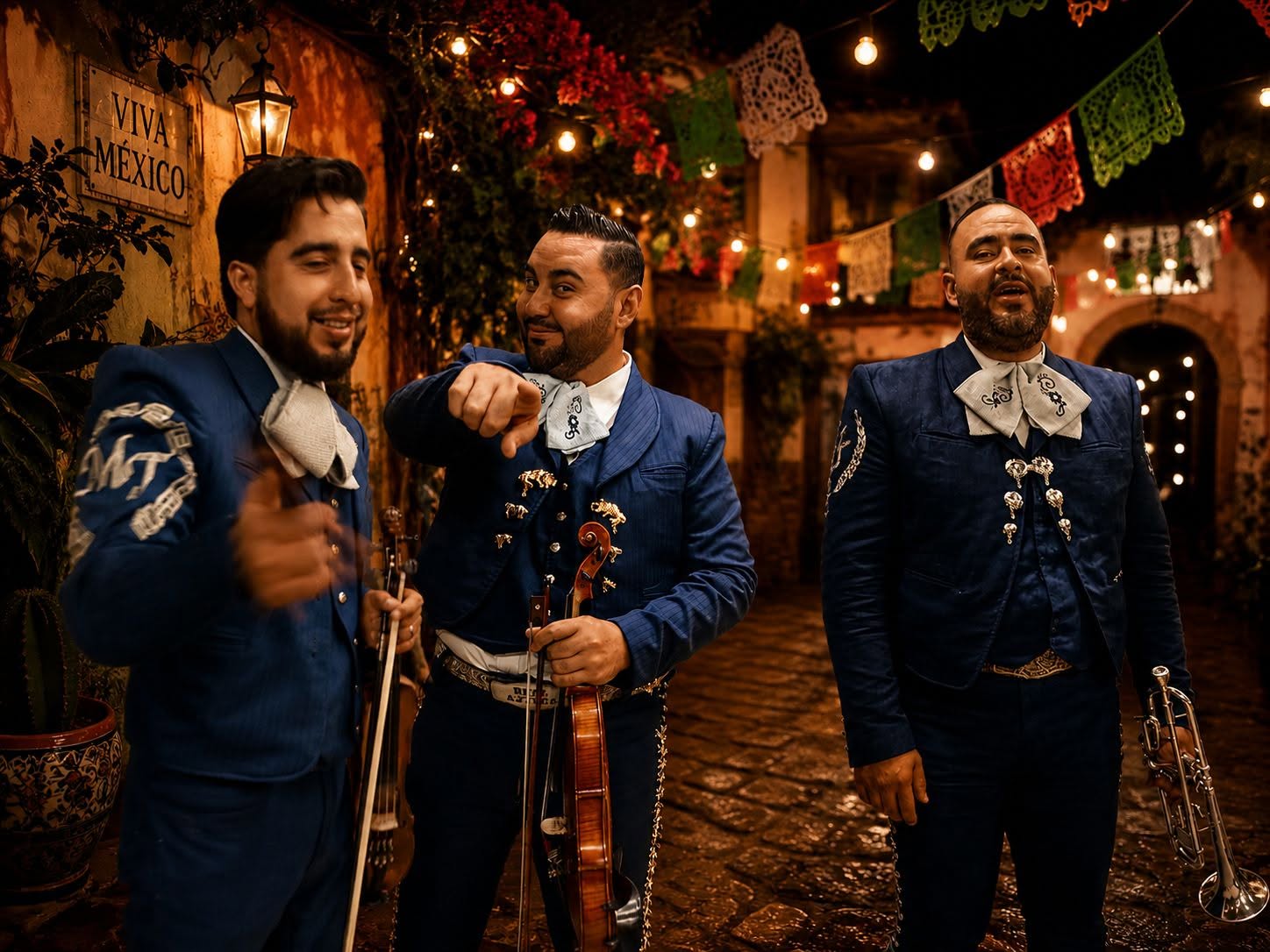 Tres mariachis con traje azul sonríen bajo papel picado y luces en un callejón empedrado con el letrero Viva México