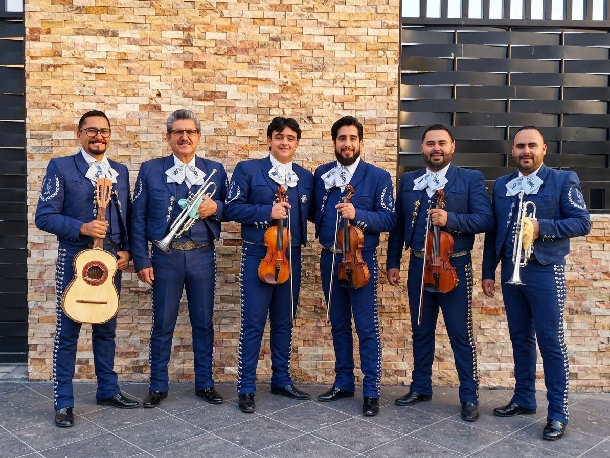 Seis integrantes del mariachi con traje azul de gala, violines, trompetas y vihuela